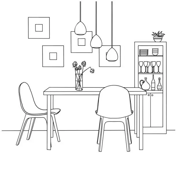 Vector illustration of Part of the dining room. On the table vase of flowers.  Lamps hang over the table. Hand drawn sketch.Vector illustration.