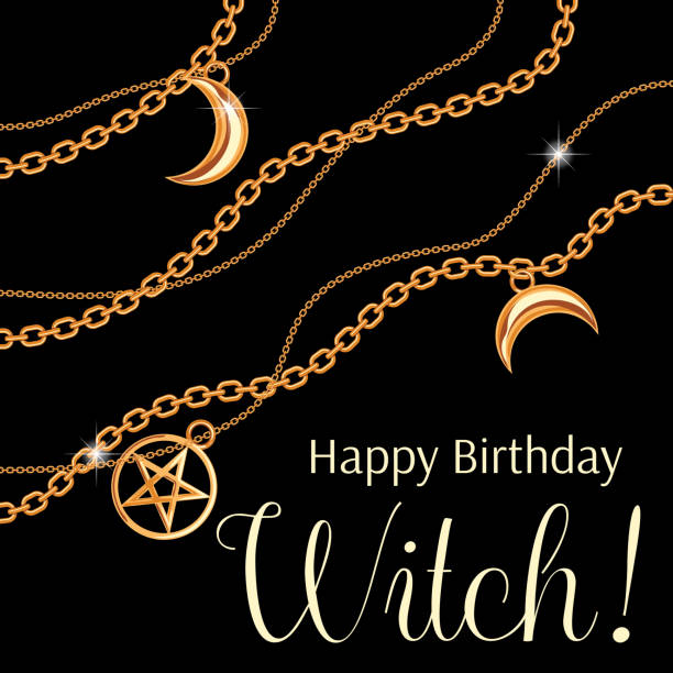 istock Happy birthday Witch. Greeting card design with pentagram and moon pendants on golden metallic chain. On black. Vector illustration 1153498088