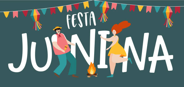 stockillustraties, clipart, cartoons en iconen met festa junina, sao joao vakantie. braziliaanse juni partij wenskaart, web banner. man en vrouw dansen rond vuur. partij decoratie, bunting vlaggen. vector illustratie achtergrond, platte ontwerp. - são joão