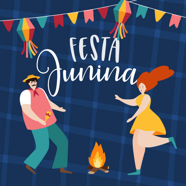 stockillustraties, clipart, cartoons en iconen met festa junina, sao joao vakantie. braziliaanse juni partij wenskaart, uitnodiging. man en vrouw dansen rond vuur. partij decoratie, bunting vlaggen. hand getrokken vector illustratie achtergrond. - são joão