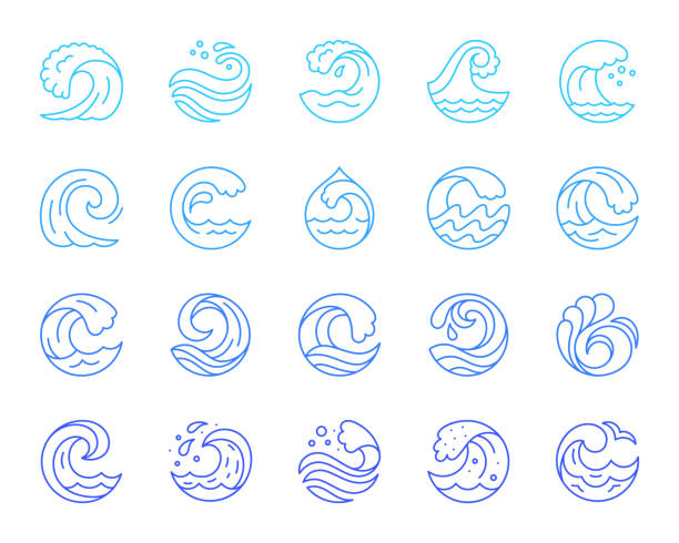 水の波シンプルなカラーラインアイコンベクトルセット - sea water surf tide点のイラスト素材／クリップアート素材／マンガ素材／アイコン素材