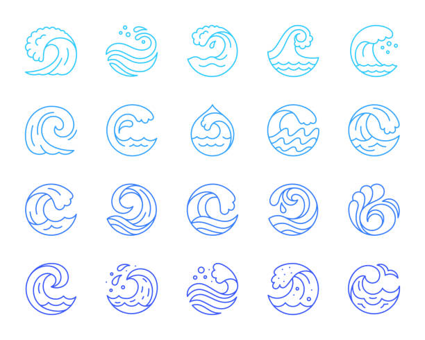 ilustrações de stock, clip art, desenhos animados e ícones de water wave simple color line icons vector set - coastline