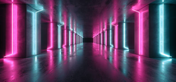 istock Neon Lights Graphic Glowing Purple Blue Vibrant Virtual Sci Fi Futuristic Tunnel Studio Stage Construction Garage Podium Spaceship Night Dark Concrete Grunge 3D Rendering 1153500884