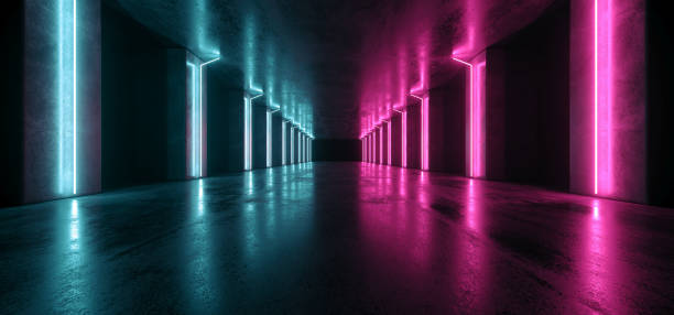 istock Neon Lights Graphic Glowing Purple Blue Vibrant Virtual Sci Fi Futuristic Tunnel Studio Stage Construction Garage Podium Spaceship Night Dark Concrete Grunge 3D Rendering 1153500925