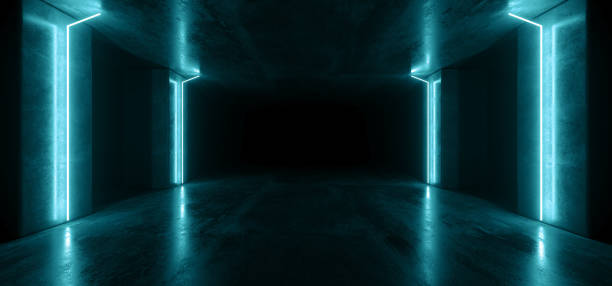 istock Neon Lights Lines Graphic Glowing Blue Vibrant Virtual Sci Fi Futuristic Tunnel Studio Stage Construction Garage Podium Spaceship Night Dark Concrete Grunge 3D Rendering 1153500940