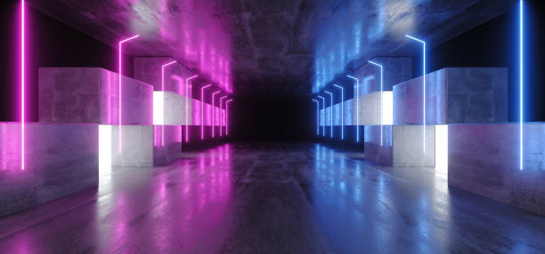 istock Neon Lights Graphic Glowing Purple Blue Vibrant Virtual Sci Fi Futuristic Tunnel Studio Stage Construction Garage Podium Spaceship Night Dark Concrete Grunge 3D Rendering 1153500962