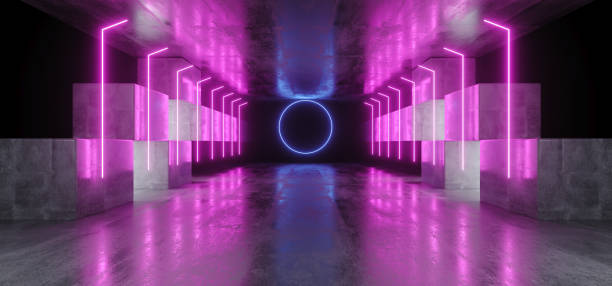 istock Neon Lights Graphic Glowing Purple Blue Vibrant Virtual Sci Fi Futuristic Tunnel Studio Stage Construction Garage Podium Spaceship Night Dark Concrete Grunge 3D Rendering 1153500997
