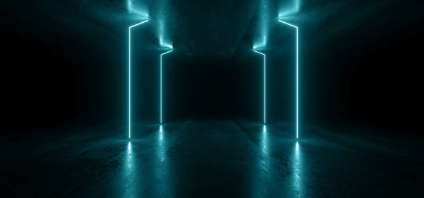 istock Neon Lights Lines Graphic Glowing Blue Vibrant Virtual Sci Fi Futuristic Tunnel Studio Stage Construction Garage Podium Spaceship Night Dark Concrete Grunge 3D Rendering 1153501005