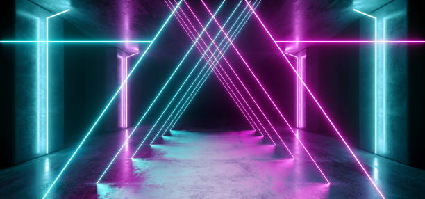 istock Neon Lights Graphic Glowing Purple Blue Vibrant Virtual Sci Fi Futuristic Tunnel Studio Stage Construction Garage Podium Spaceship Night Dark Concrete Grunge 3D Rendering 1153501071