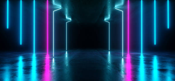 istock Neon Lights Graphic Glowing Purple Blue Vibrant Virtual Sci Fi Futuristic Tunnel Studio Stage Construction Garage Podium Spaceship Night Dark Concrete Grunge 3D Rendering 1153501110
