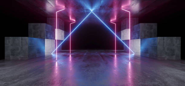 istock Neon Lights Graphic Glowing Purple Blue Vibrant Virtual Sci Fi Futuristic Tunnel Studio Stage Construction Garage Podium Spaceship Night Dark Concrete Grunge 3D Rendering 1153501211
