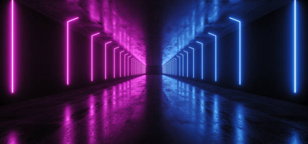 istock Neon Lights Graphic Glowing Purple Blue Vibrant Virtual Sci Fi Futuristic Tunnel Studio Stage Construction Garage Podium Spaceship Night Dark Concrete Grunge 3D Rendering 1153502297