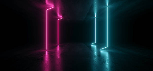 istock Neon Lights Graphic Glowing Purple Blue Vibrant Virtual Sci Fi Futuristic Tunnel Studio Stage Construction Garage Podium Spaceship Night Dark Concrete Grunge 3D Rendering 1153502310