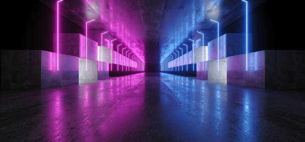 istock Neon Lights Graphic Glowing Purple Blue Vibrant Virtual Sci Fi Futuristic Tunnel Studio Stage Construction Garage Podium Spaceship Night Dark Concrete Grunge 3D Rendering 1153502322
