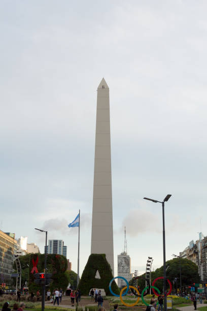 BUENOS AIRES, ARGENTINA - NOVEMBER 29, 2018: Buenos Aires obelisk view during G20 2018 manifestation. Argentina landmark