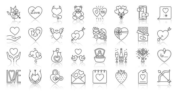 ilustrações, clipart, desenhos animados e ícones de ícones da linha preta simples do dia dos valentim ajustados - day gem ring open
