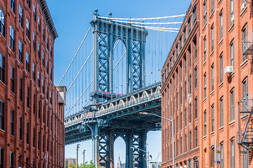 Partial view of the Manhattan Bridge and Dumbo and Manhattan cityscape from Brooklyn, New York, USA.