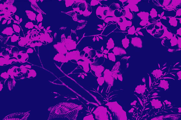 美しい木の鳥と花アート絵画カラフルなピンクの紫色の白緑と黒のイラストパターンの背景と壁紙 - purple watercolor painting watercolour paints abstract ストックフォトと画像