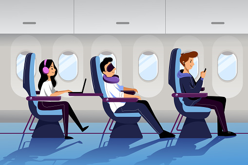 People travel by airplane in economy class. Plane interior with sleeping and working passengers. Vector flat cartoon illustration.