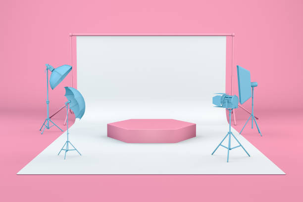 istock Empty Photo studio with lightning equipment and product stand, podium 1153504457