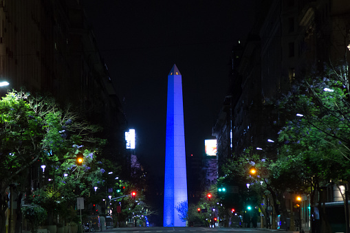 BUENOS AIRES, ARGENTINA - NOVEMBER 29, 2018: Buenos Aires obelisk view during G20 2018 manifestation. Argentina landmark