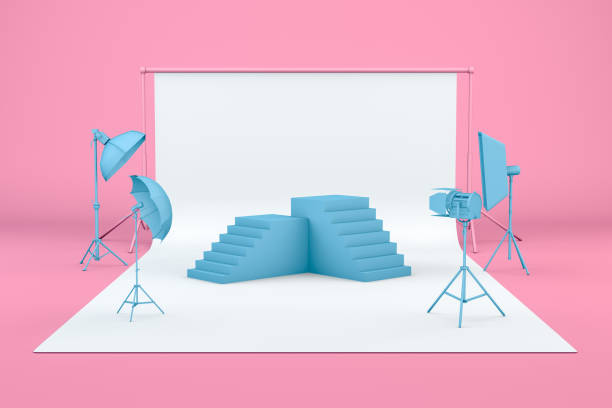 istock Empty Photo studio with lightning equipment and product stand, podium 1153504549