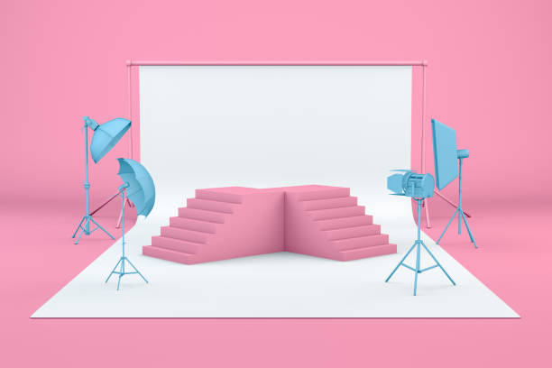 istock Empty Photo studio with lightning equipment and product stand, podium 1153505137