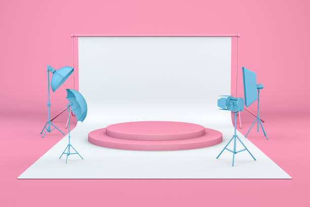 istock Empty Photo studio with lightning equipment and product stand, podium 1153505180