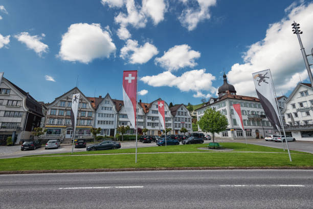 Village Gais, Appenzellerland, Switzerland Gais, Switzerland - May 30, 2019: This is the village centre of the village Gais in the middle of the Appenzellerland in Switzerland. The village is decorated with flags of the canton Appenzell Ausserrhoden and Switzerland because of the festivities for the ascent. appenzell ausserrhoden stock pictures, royalty-free photos & images