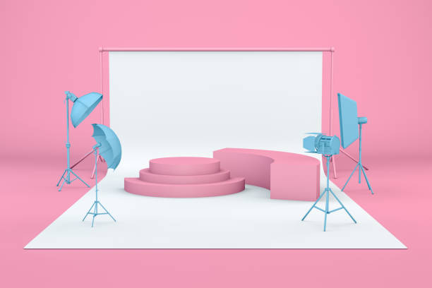 istock Empty Photo studio with lightning equipment and product stand, podium 1153505299