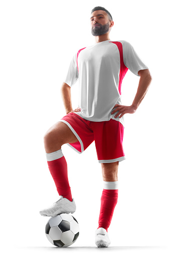 One person of aged 30-39 years old who is tall person with brown hair caucasian male soccer player exercising in front of white background wearing running shorts who is cheerful and playing soccer - sport