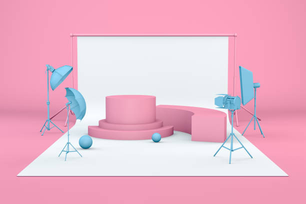 istock Empty Photo studio with lightning equipment and product stand, podium 1153505374