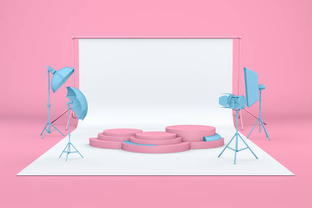 istock Empty Photo studio with lightning equipment and product stand, podium 1153505548