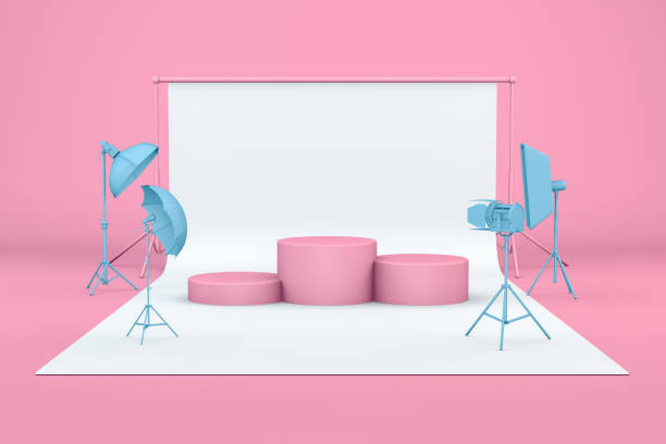 istock Empty Photo studio with lightning equipment and product stand, podium 1153505662