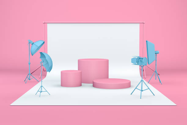 istock Empty Photo studio with lightning equipment and product stand, podium 1153505765