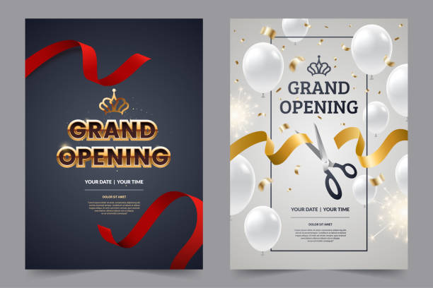Grand opening invitation flyer with red and gold cut ribbons and scissors. Golden text on luxury background. Falling confetti with white balloons. Opening invitation design. Vector eps 10. Grand opening invitation flyer with red and gold cut ribbons and scissors. Golden text on luxury background. Falling confetti with white balloons. Opening invitation design. Vector eps 10. opening stock illustrations