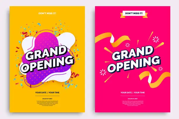 Vector illustration of Grand opening invitationt template. Colorful creativity design with bold text, bright background and a burst of confetti. Ribbon cutting ceremony. Vector illustration.