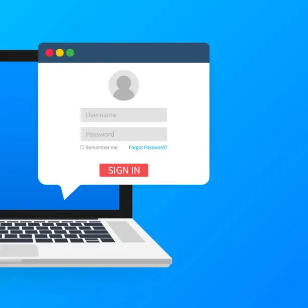 Vector illustration of Sign in to account, user authorization, login authentication page concept. Laptop with login and password form page on screen. Vector stock illustration.