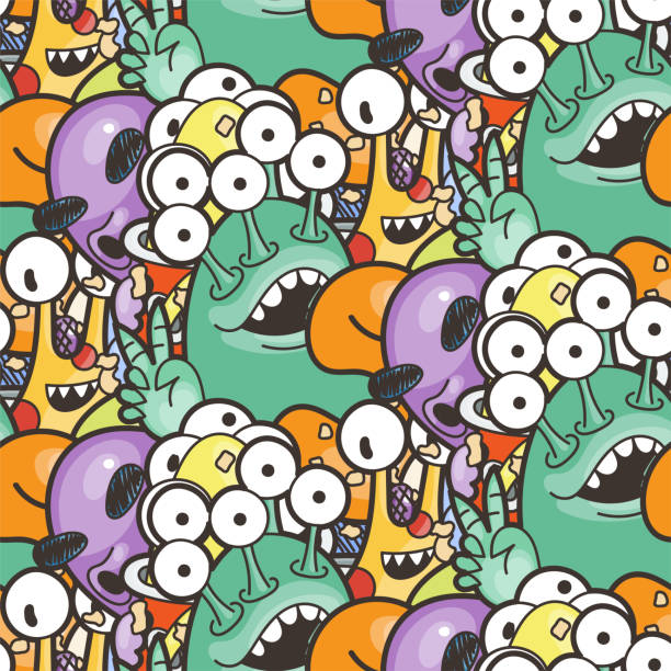 istock Seamless pattern with cute aliens and monsters. Nice for prints, cards, designs and coloring books 1153510081