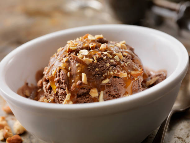 Chocolate Sundae with Caramel Sauce and Chopped Nuts