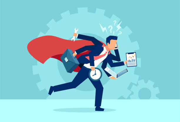 Vector of a business man super hero running in a hurry multitasking. Vector of a business man super hero running in a hurry multitasking. Concept of very busy corporate employee lifestyle overworked stock illustrations