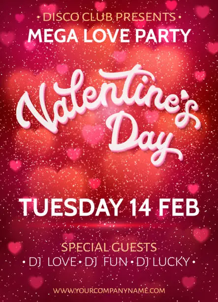 Vector illustration of Valentines Day background or banner template with blurred red hearts and glitter texture confetti. Love party poster with 3d white hand lettering text on pink. Colorful font vector illustration.