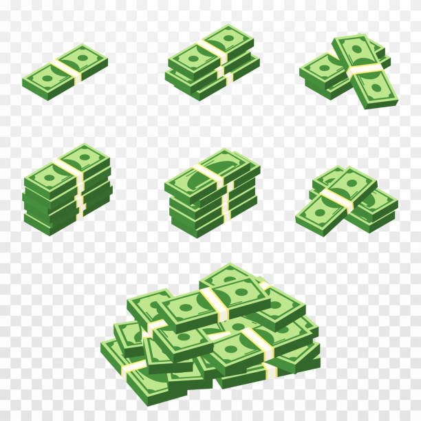 ilustrações, clipart, desenhos animados e ícones de grupos do dinheiro no estilo dos desenhos animados 3d. jogo de blocos diferentes de contas de dólar. dólares verdes isométricos, lucro, investimento e conceito das economias - money
