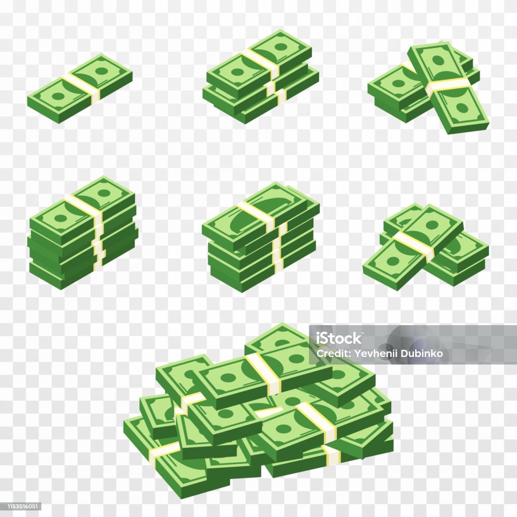 Bunches of money in cartoon 3d style. Set of different packs of dollar bills. Isometric green dollars, profit, investment and savings concept Bunches of money in cartoon 3d style. Set of different packs of dollar bills. Isometric green dollars, profit, investment and savings concept. Vector Currency stock vector