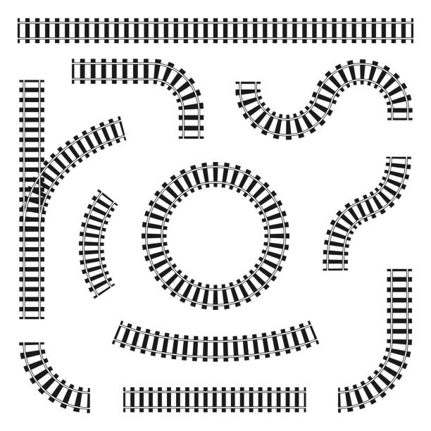 Set of railroad tracks in different shapes, straight and curves, turns and circles. Black railroad rails and sleepers isolated on white background Set of railroad tracks in different shapes, straight and curves, turns and circles. Black railroad rails and sleepers isolated on white background. Vector railroad track illustrations stock illustrations