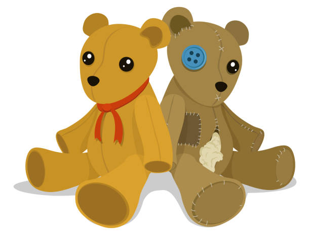 Teddy Old And New A new teddy bear and an old teddy bear sit back to back. close to illustrations stock illustrations