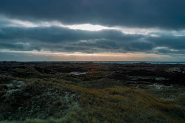 Dunes on the North Frisian Island Amrum in Germany Beautiful evening atmosphere of the island of Amrum. Impressive dunes in back light with light cloudy sky. The sun almost shines through. North Frisia, Schleswig-Holstein, Germany. amrum stock pictures, royalty-free photos & images