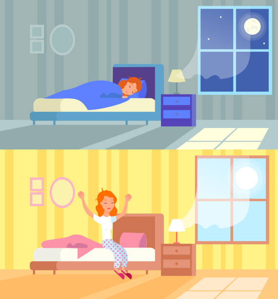 Vector illustration of woman sleeping at night and waking up morning. Sleep in comfy bed concept, good morning, start of the day, wake up. Cartoon flat design concept of sleeping and waking up. Vector illustration of woman sleeping at night and waking up morning. Sleep in comfy bed concept, good morning, start of the day, wake up. Cartoon flat design concept of sleeping and waking up dreamtime stock illustrations