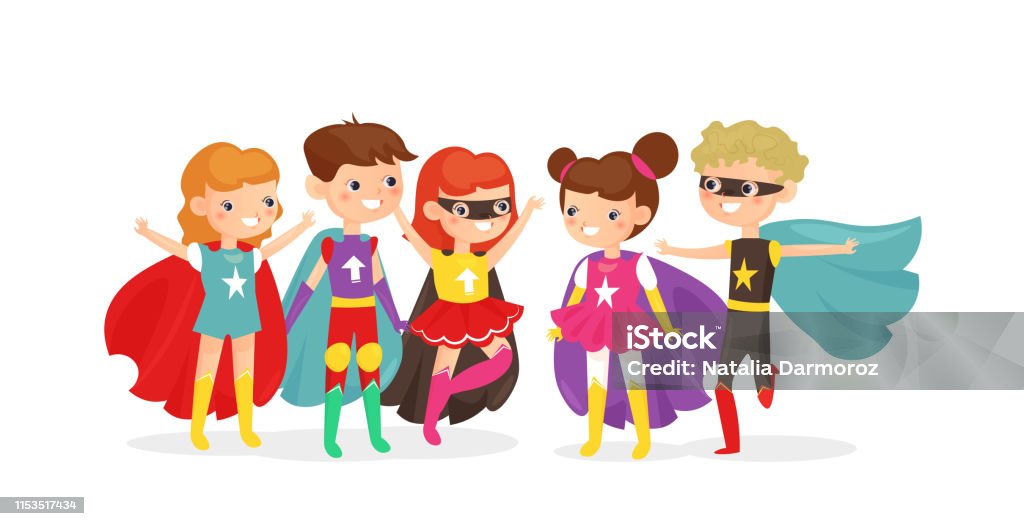 Vector Illustration Of Kids Wearing Colorful Superhero Costumes Superhero  Kids Have Fun Together Children Friends On Costume Party Isolated On White  Background Cartoon Flat Style Stock Illustration - Download Image Now -  iStock