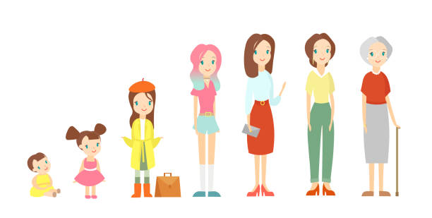 Vector illustration of a woman in different ages. Cute baby girl, a child, a pupil, a teenager, an adult, an elderly female person. The life cycle of a woman, girl is growing up and becoming older in cartoon flat style on white background. Vector illustration of a woman in different ages. Cute baby girl, a child, a pupil, a teenager, an adult, an elderly female person. The life cycle of a woman, girl is growing up and becoming older in cartoon flat style on white background old man baby stock illustrations